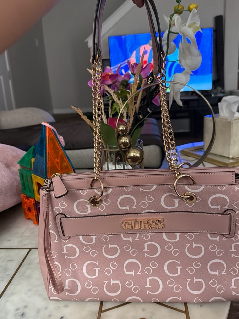 GUESS Pink Logo Shoulder Tote with Gold Chain Accents